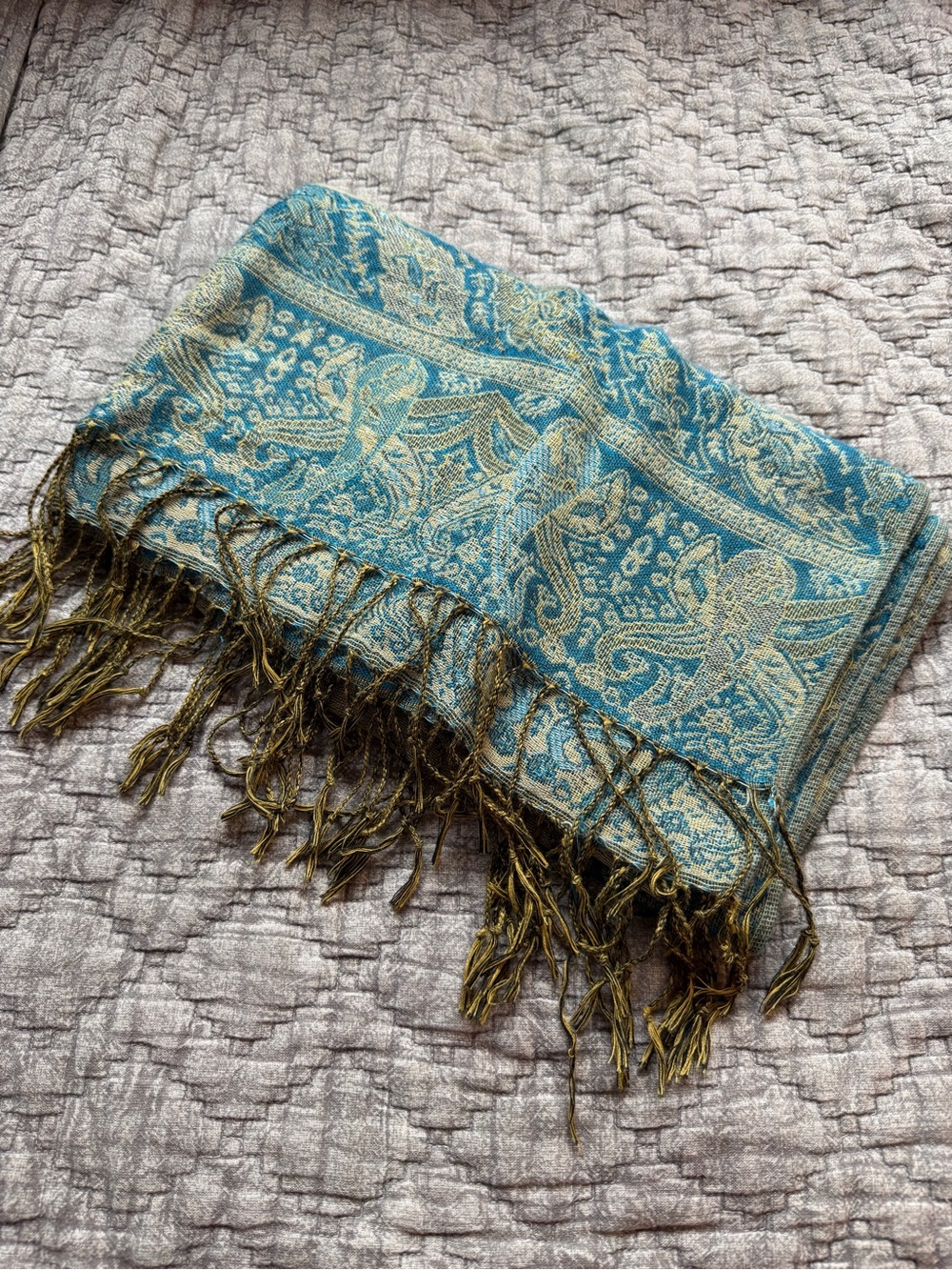Teal and Gold Paisley Fringe Shawl Scarf
